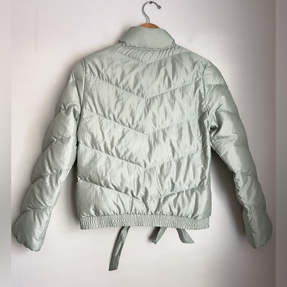 BCBG Puffer Quilted Mint Green Bomber Jacket Zip Up Bow Tie Light Weight Cozy S - Picture 6 of 10